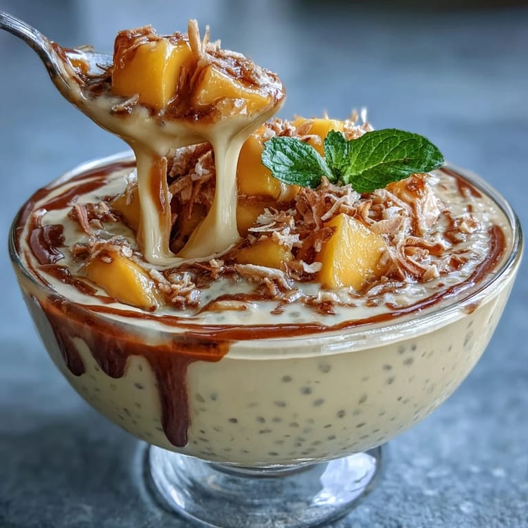 Layered chia pudding topped with juicy mango and toasted coconut flakes, a refreshing dairy-free treat for summer mornings.  
