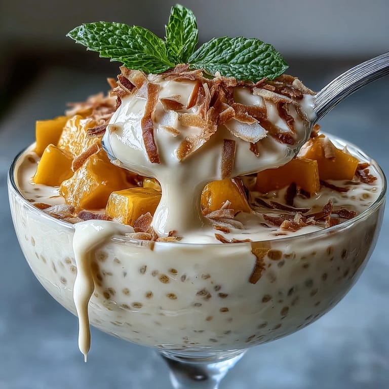 Silky chia pudding infused with vanilla and coconut milk, garnished with ripe mango and mint for a vibrant vegan dessert.