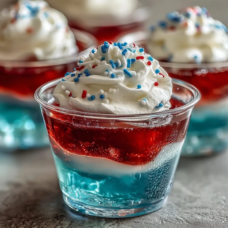 Colorful, layered alcohol-free Firecracker Jello Shots garnished with whipped cream.