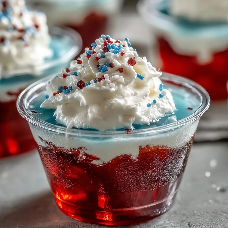 Easy, fruity 4th of July Firecracker Jello Shots (Alcohol-Free) dessert delight.