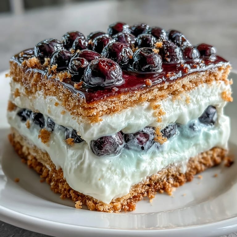No-bake Lemon Blueberry Icebox Cake, bursting with berries and citrus zest.