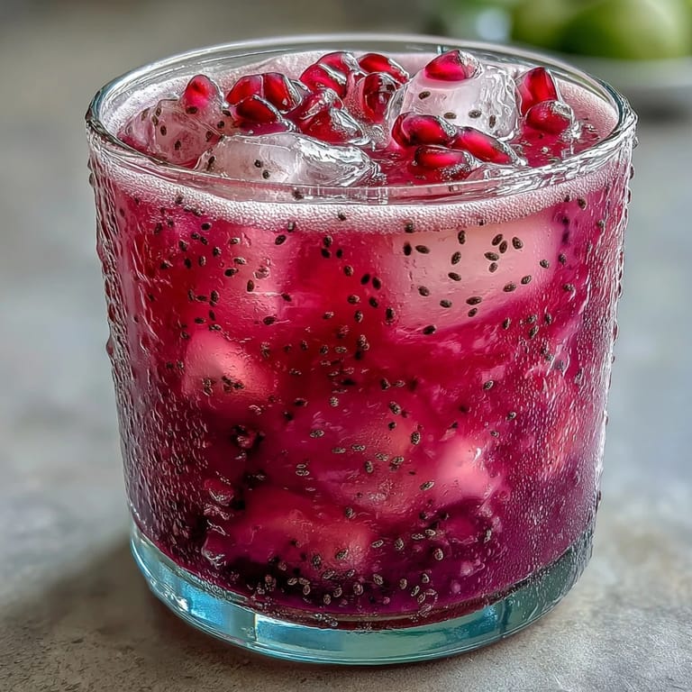 Sweet and tart dragon fruit lemonade with chia, ready to enjoy chilled.