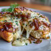 French Onion Chicken Bake with Melted Gruyere, featuring tender chicken breasts baked with caramelized onions and bubbly melted cheese.