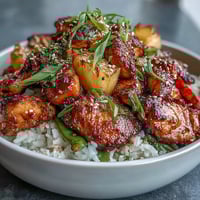 1. Vibrant pineapple teriyaki chicken rice bowl with tender chicken, sweet pineapple, and crisp vegetables, perfect for a tropical-inspired meal.
