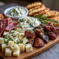 Festive housewarming charcuterie board with cured meats, cheeses, fresh fruits, and homemade herbed Greek yogurt dip.
