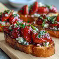 Balsamic Strawberry Bruschetta Toasts with creamy goat cheese and fresh basil on crispy baguette slices.