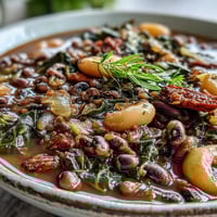 Hearty Southern black-eyed pea and collard green stew with smoky paprika, simmered to perfection in a rustic Dutch oven.  