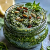 Vibrant dandelion pesto with garlic and pine nuts, a bold and slightly bitter spread perfect for pasta or sandwiches.  