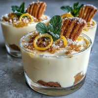 Elegant lemon mousse cups with buttery shortbread cookies, garnished with fresh berries and mint leaves.