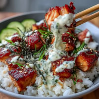 Spicy mayo salmon rice bowl with tender salmon cubes, creamy spicy mayo drizzle, and crisp cucumber over fluffy white rice.