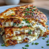 1. Crispy kimchi quesadillas with gooey melted cheese and tangy Korean pickled cabbage, served hot and golden-brown.  