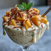 Creamy coconut chia pudding with fresh mango chunks, a tropical vegan dessert perfect for breakfast or a healthy snack.  