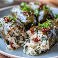 Tender Kurdish Dolma, plump stuffed grape leaves glistening with herb-infused rice.